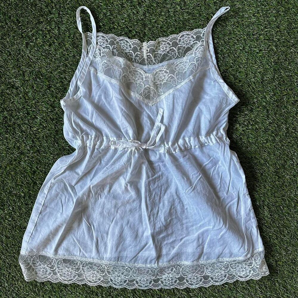 Y2K white sheer lace trim babydoll top, size S-M